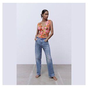 NWT Zara Floral‎ Draped V-Neck Wide Straps SnapBodysuit Red Pink Green Sz S